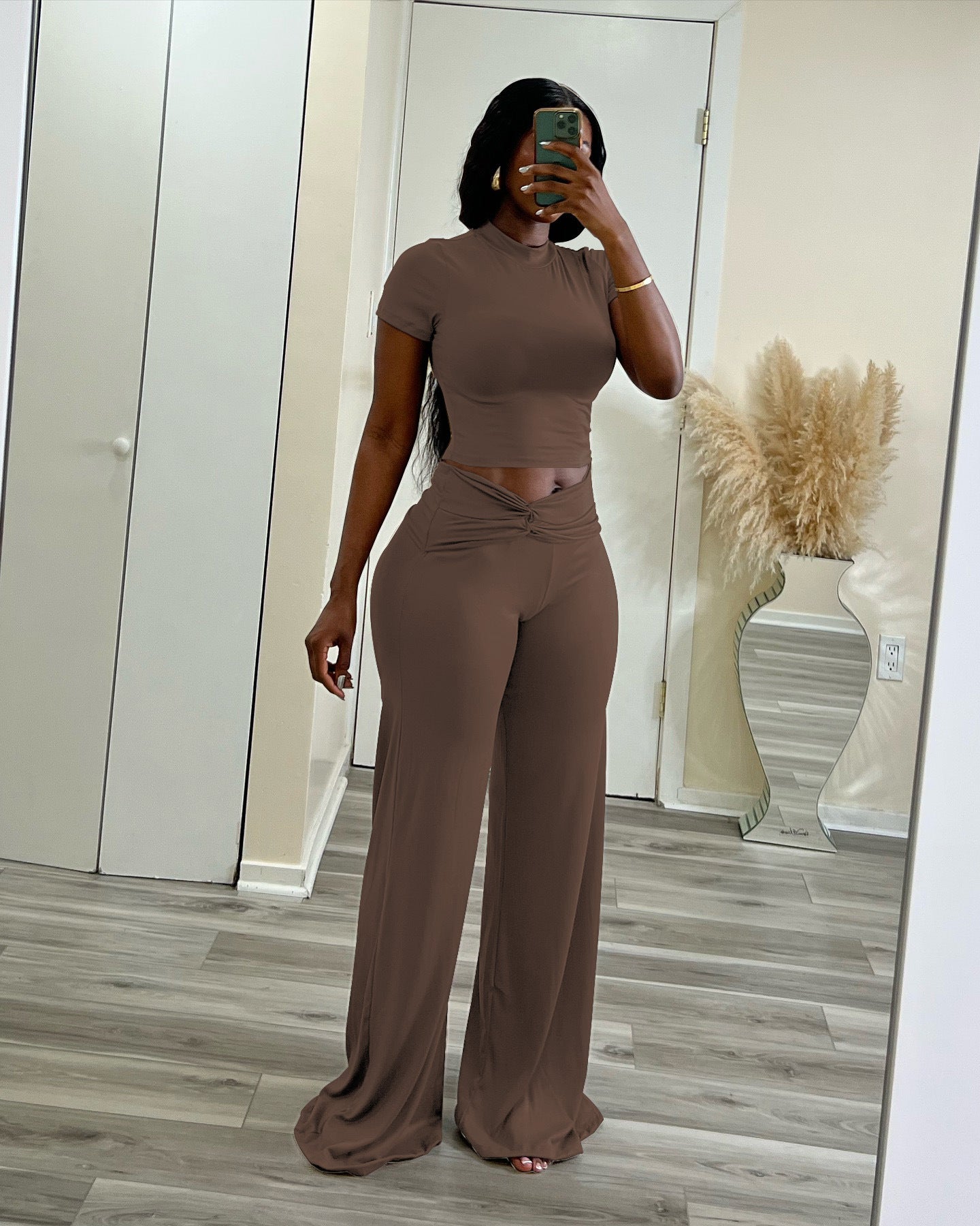 Women Summer Solid Stretch Knot Top and Wide Leg Pants Two-Piece Set 11