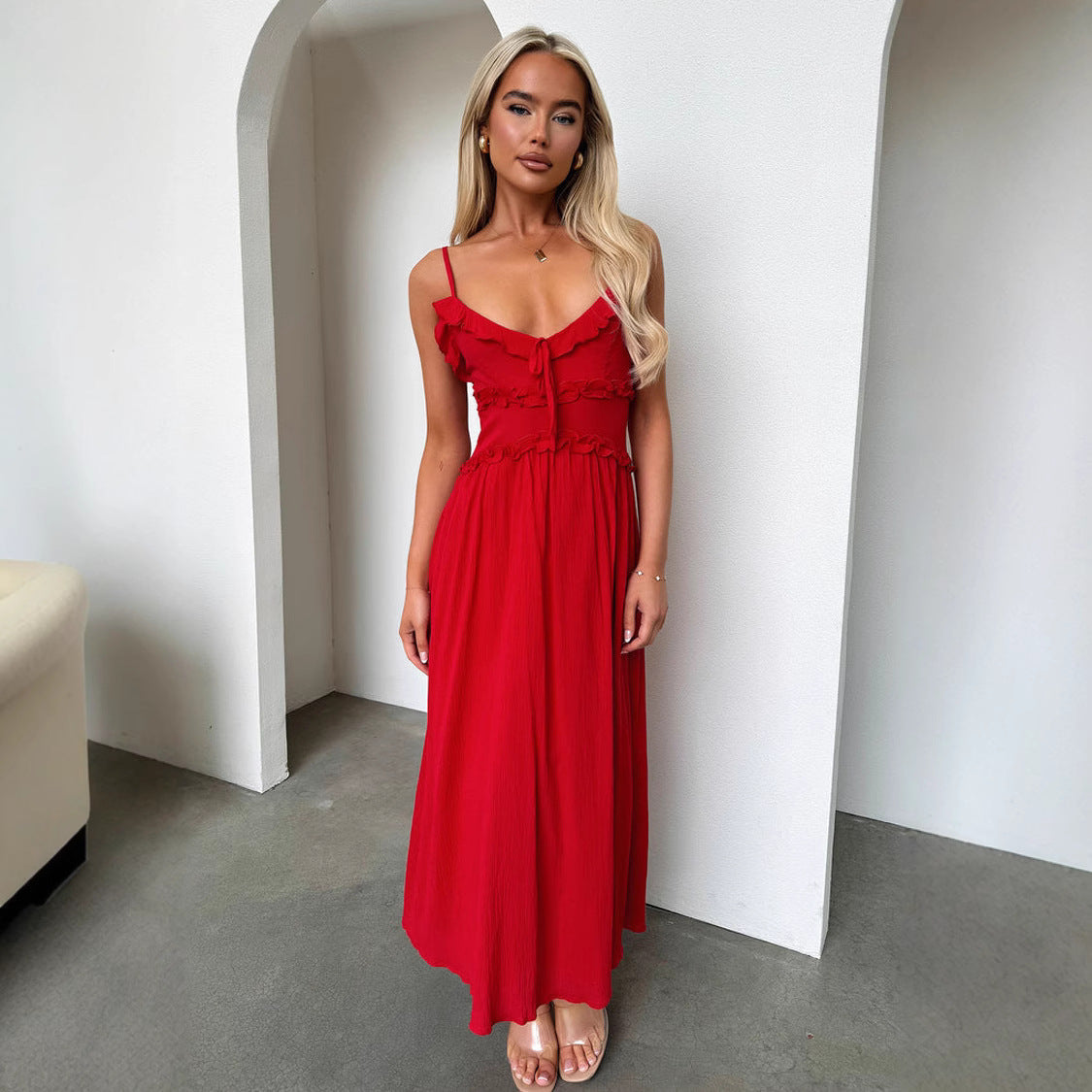 Spring Summer Women Strap Ruffle Casual Loose Holidays Dress 5