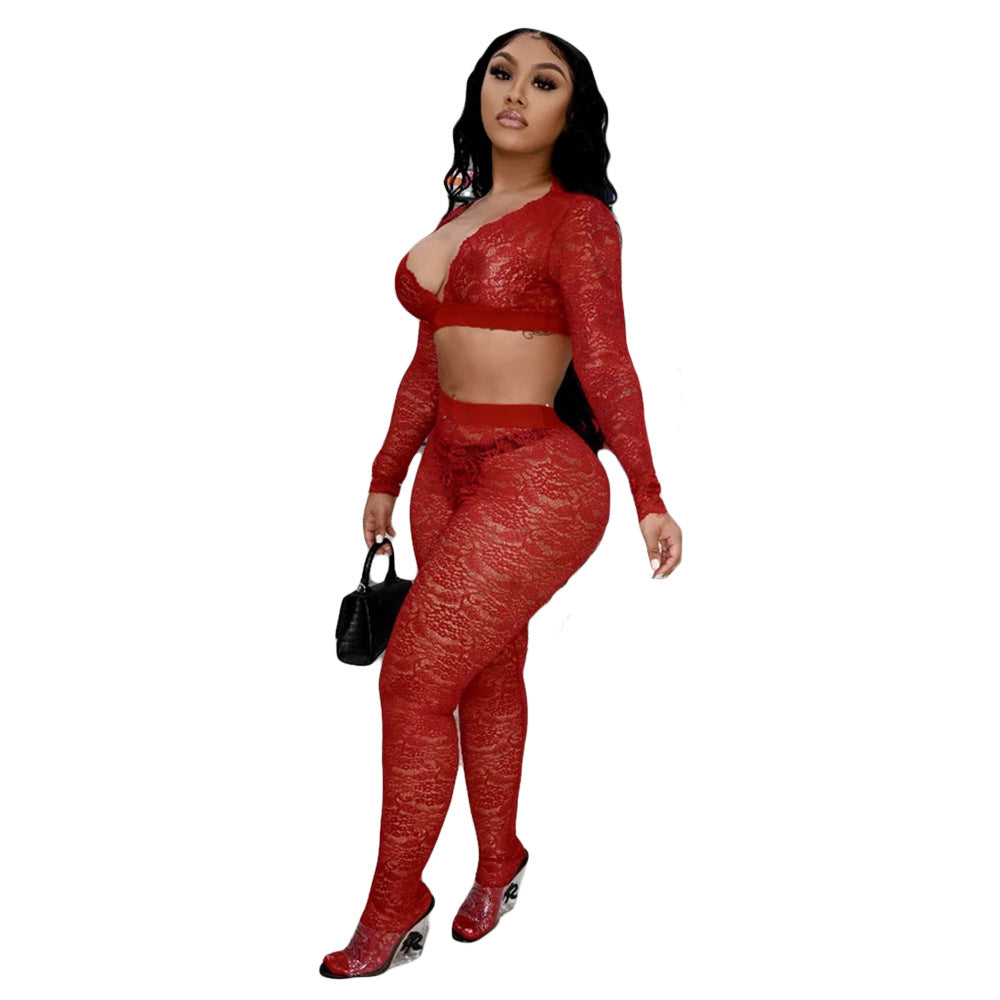 Women's Sexy V-Neck Tight Slim See Through Lace Two-Piece Pants Set 13