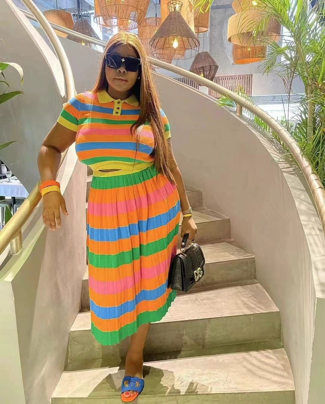 Women Spring and Autumn Rainbow Striped Short Sleeve Top + Pleated Skirt Two-piece Set 5