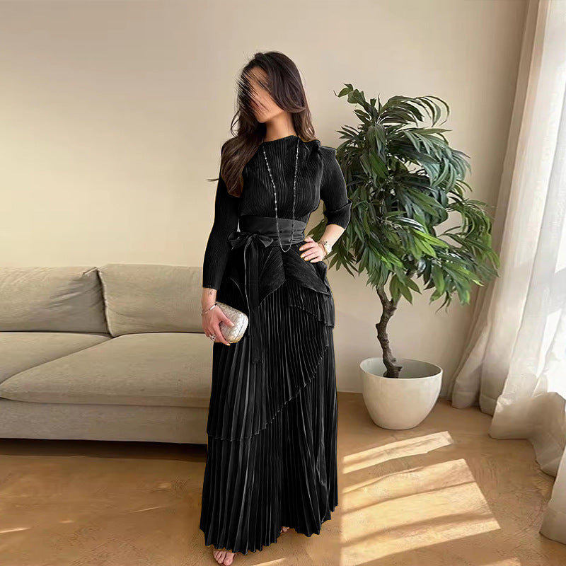 Women Solid irregular lace pleated Top and Skirt two-piece set 5