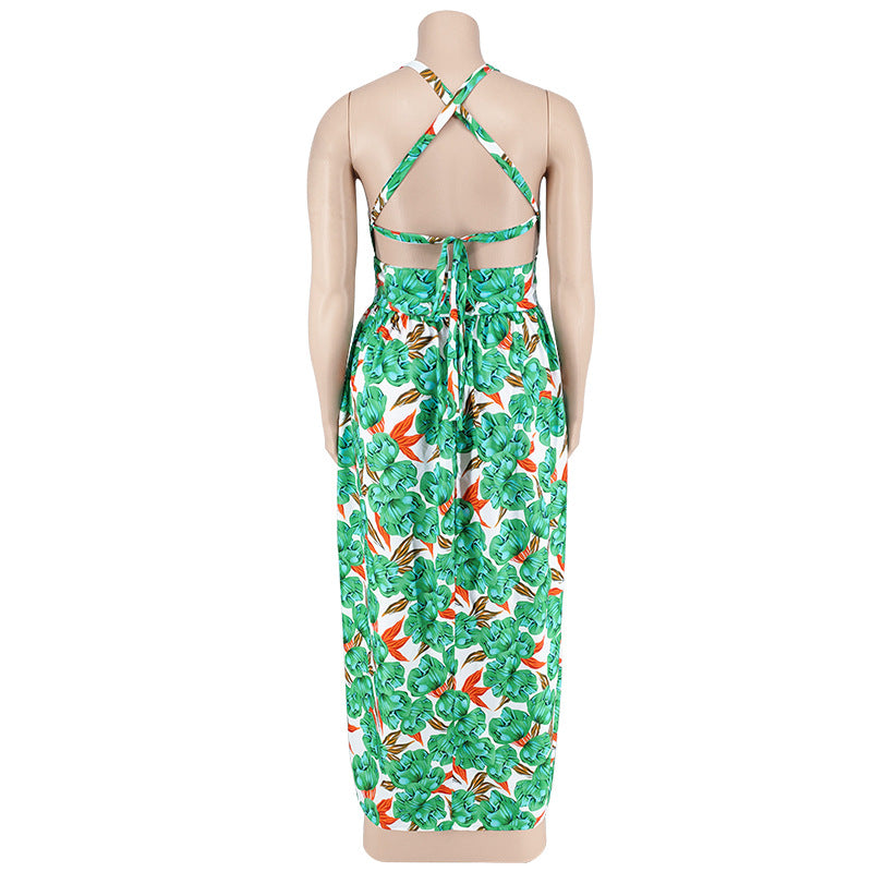 Plus Size Women's Summer Sexy Halter Low Back Print Slit Maxi Dress 13