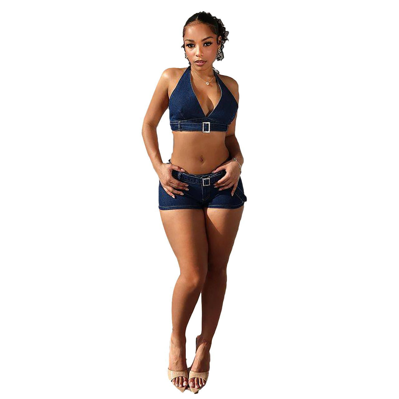 Sexy Halter Neck Stretch Two Piece Denim Shorts Set 4