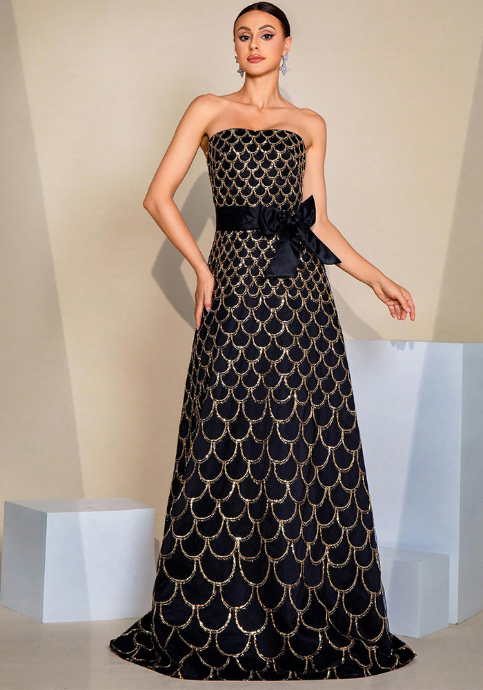 strapless Formal Party Slim Waist Sequin Evening Dress for Women