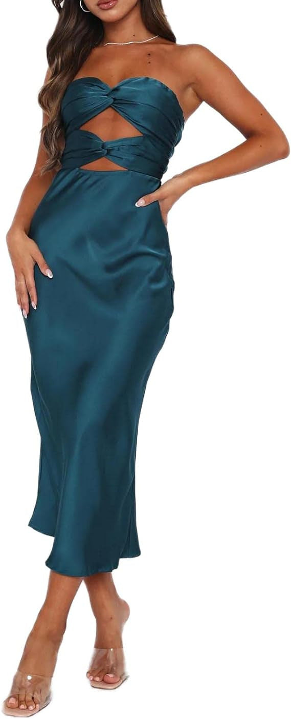 Women's Sexy Low Back Strapless Long Dress Satin Chic Bodycon Gown 5
