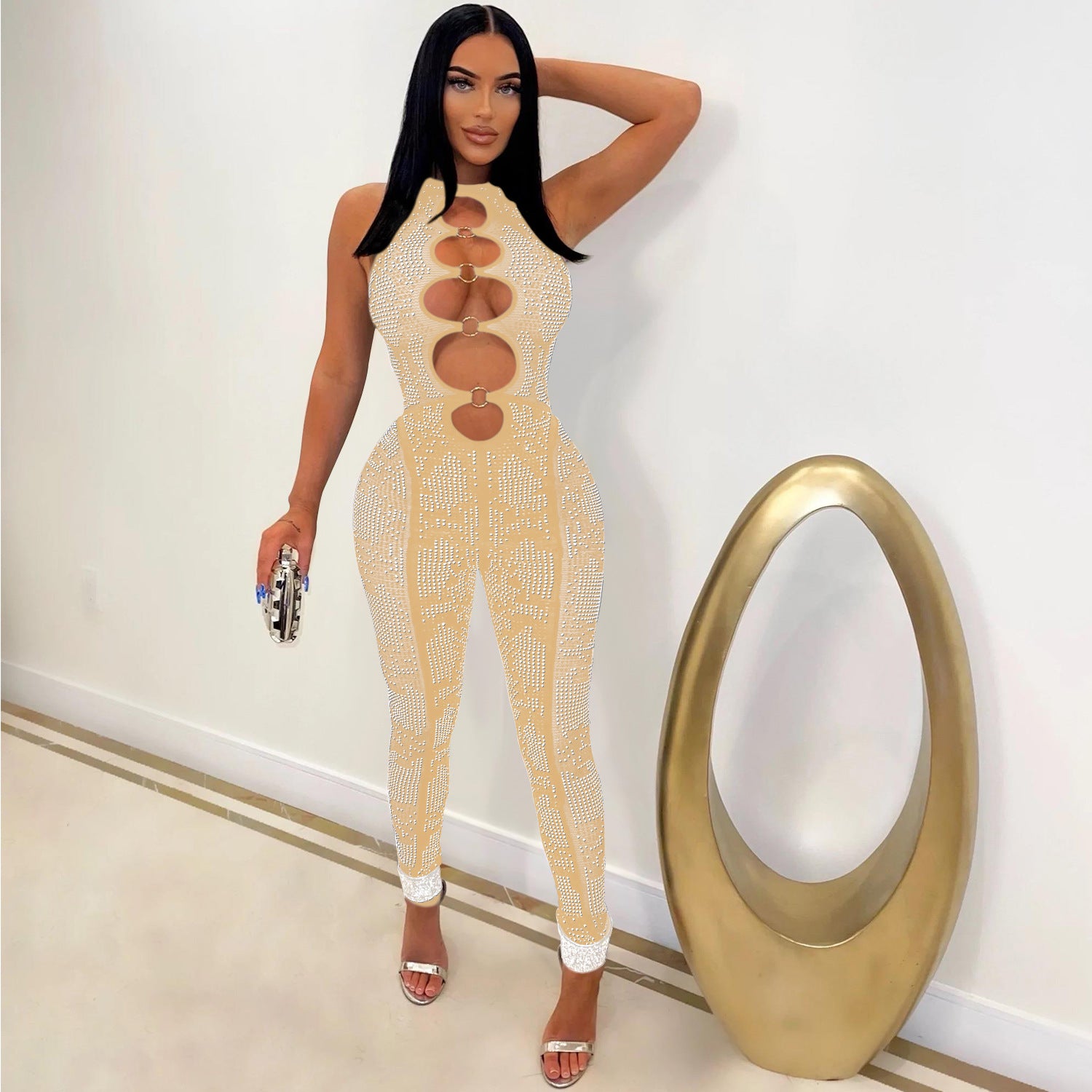 Women'S Fashion Mesh See-Through Beaded Sleeveless Jumpsuit 4