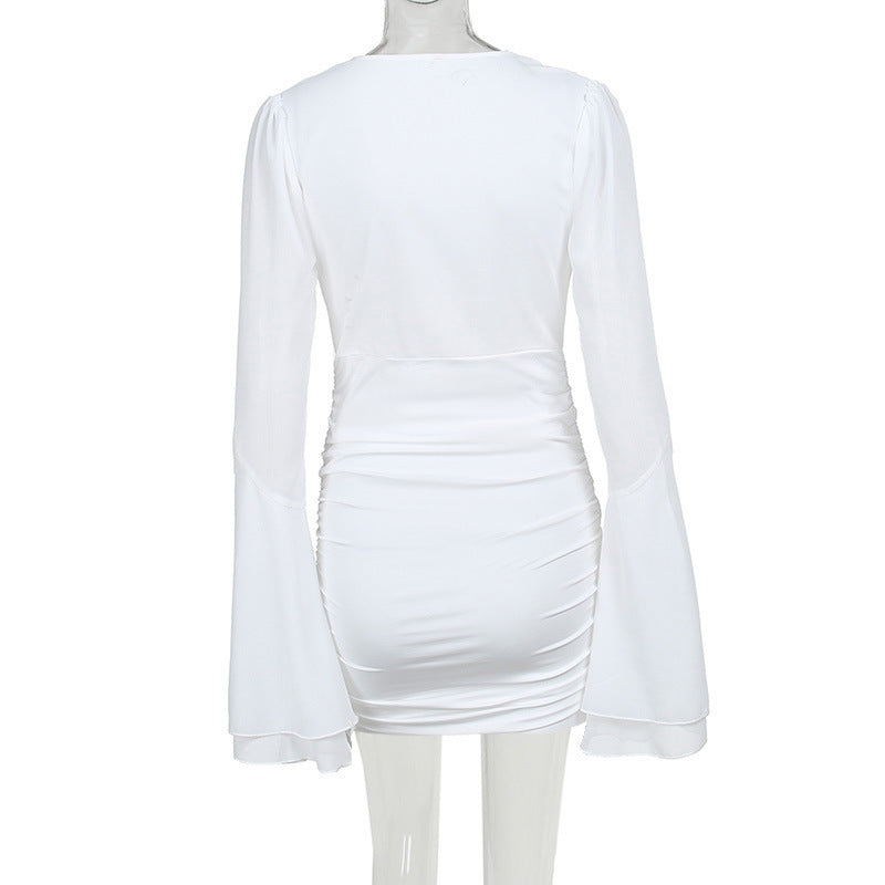 Spring Chic Fashion Deep V Bell Bottom Long Sleeve Bodycon Dress 11