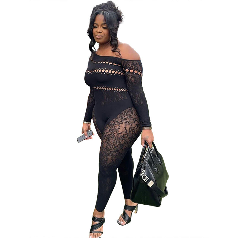 Women Sexy Hollow Knitting Jacquard High Waist Long Sleeve Jumpsuit 6