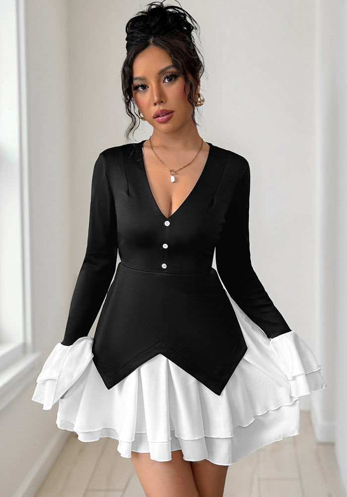 Chic Ruffle Contrast Patchwork Long-Sleeve Autumn Dress