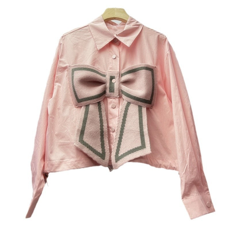 Women long-sleeved Patchwork Knitting shirt bow shirt 6