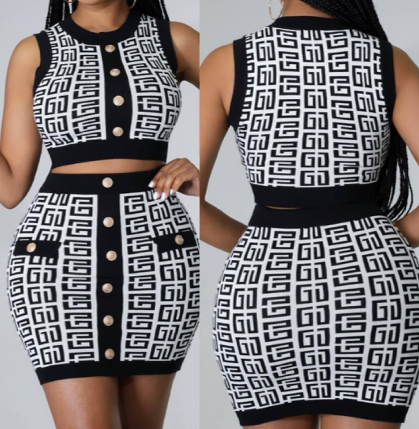 Women Round Neck Sleeveless Geometric Pattern Top and Skirt Two-Piece Set
