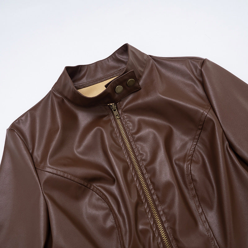 Women Fall/Winter Pu-Leather Long-Sleeved Zipper Jacket 9