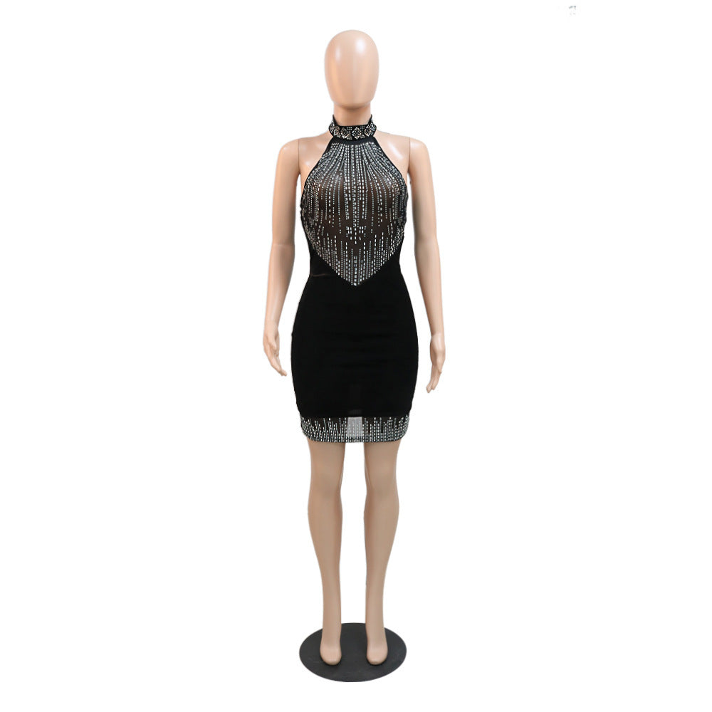 Women See-Through Mesh Beaded Patchwork Velvet Halter Neck Bodycon Dress 4