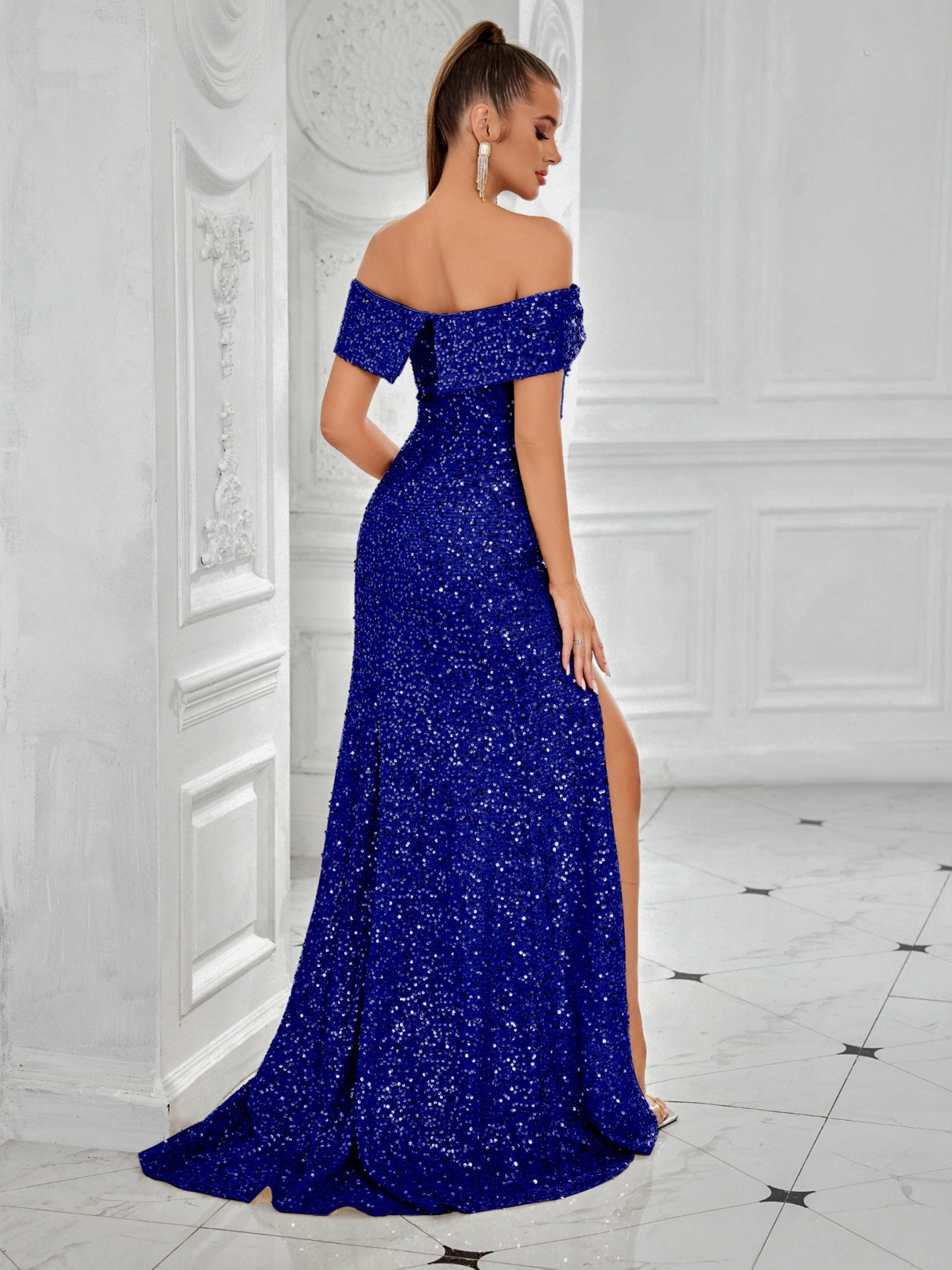 Women formal party off-shoulder sequined Slited Maxi Dress 7