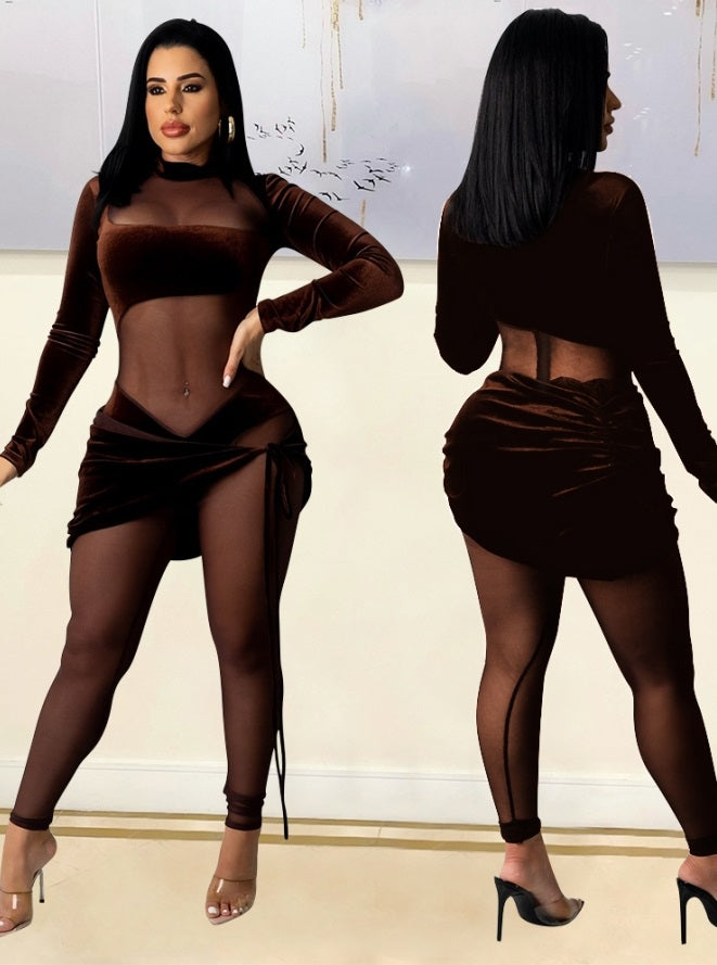 Autumn Party Sexy Mesh Patch Velour Tight Brown Jumpsuit