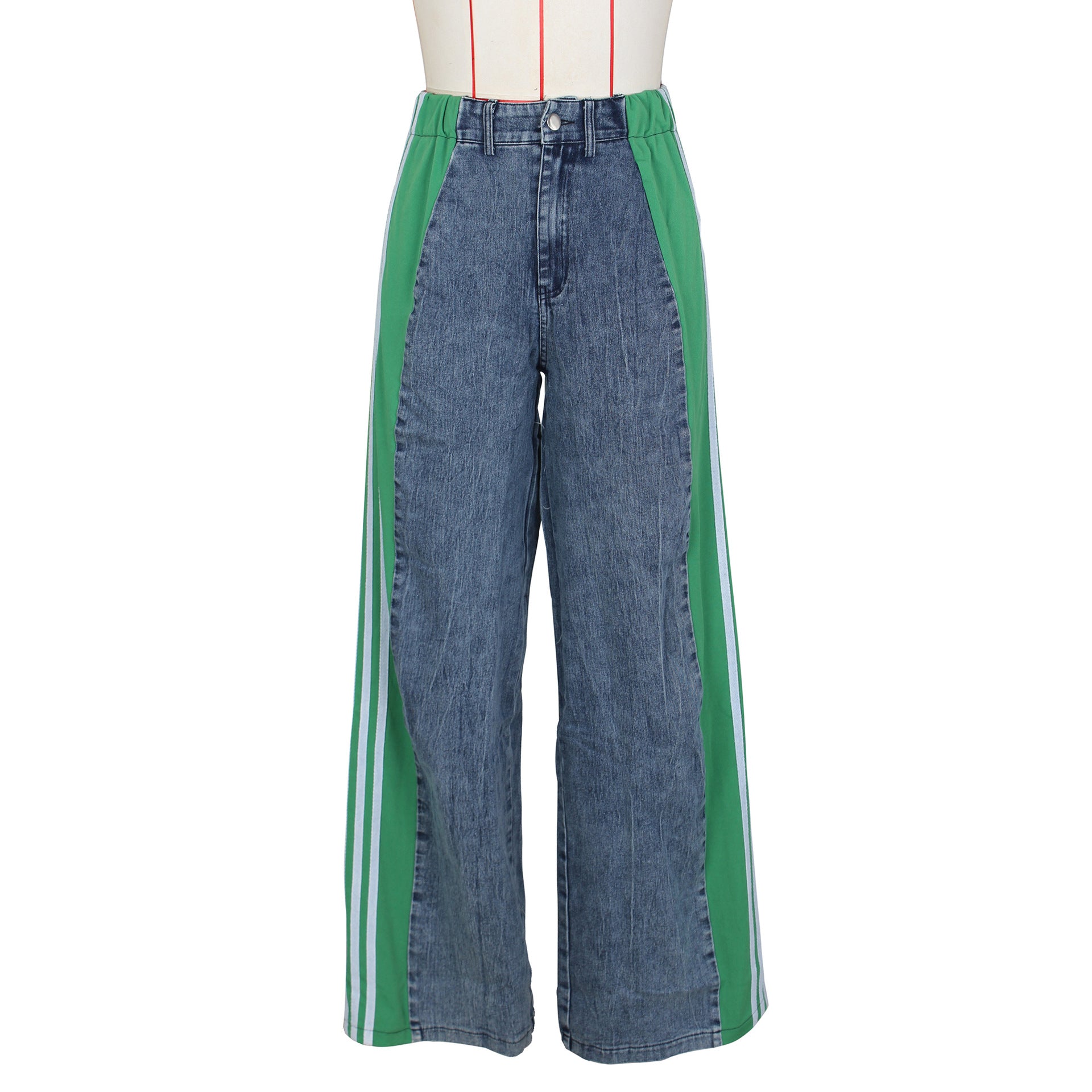 Summer Fashion Patchwork Three Stripes Wide Leg Denim Pants Women's Casual High Waist Stretch Straight Jeans 27