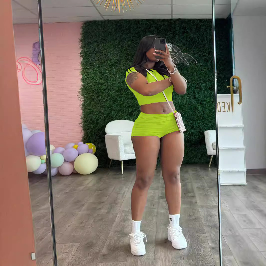 Women Summer Solid Crop Top Shorts Two-Piece Set 11