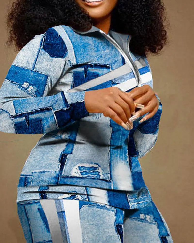 Women Printed Long Sleeve Top and Pant Two Piece 12