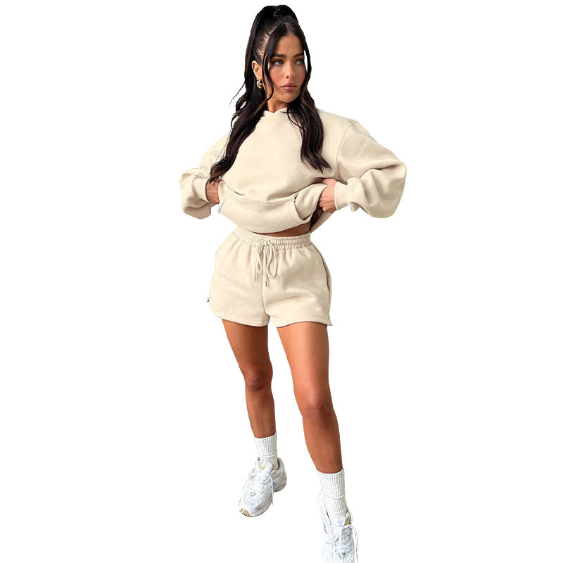 WomenSolid Long Sleeve Hoodies and Casual Shorts Two-Piece Set 21