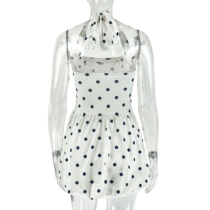 Women Black and White Polka Dot Pleated Halter Neck Sleeveless Dress 8