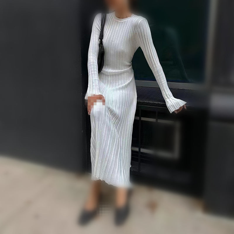 Autumn And Winter Knitting Dress Casual Slim Waist Round Neck Ribbed Slim Fit Knitting Long Dress For Women 4