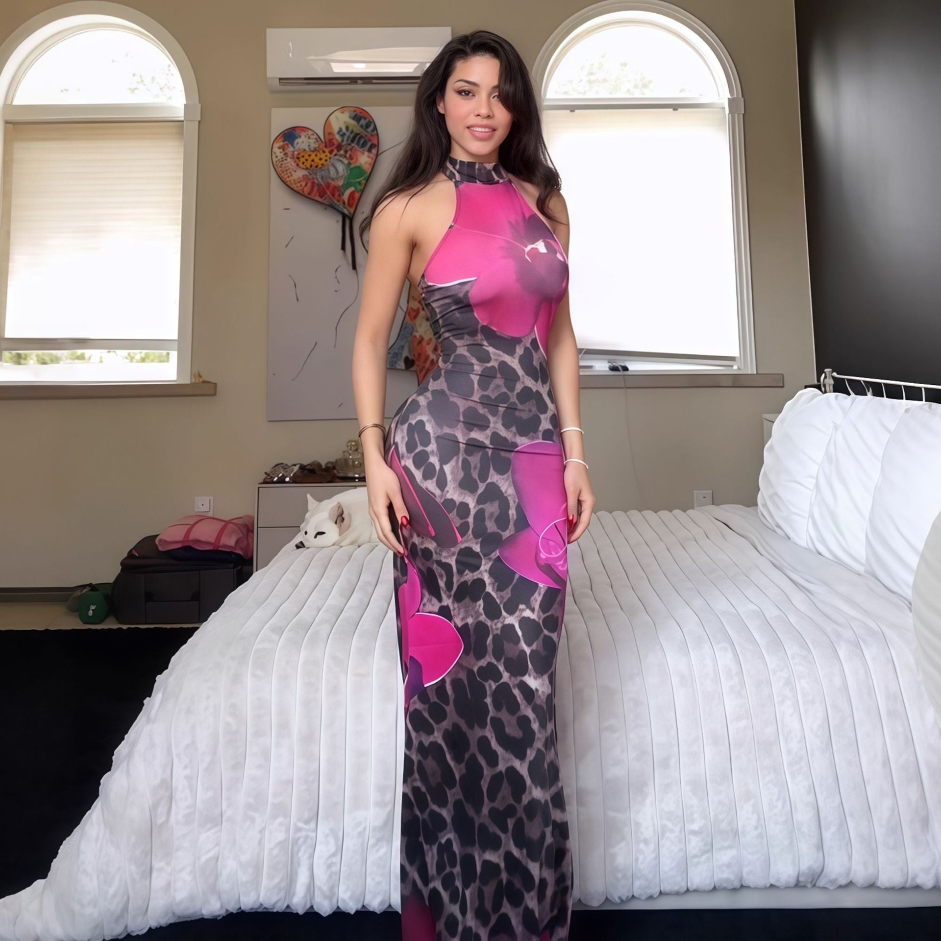 Women Summer Sexy Leopard Print Round Neck Backless Bodycon Dress 3