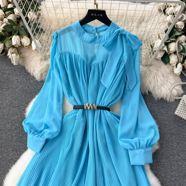 Spring Women's Bow Pleated Chiffon Puff Sleeve Long Dress 23
