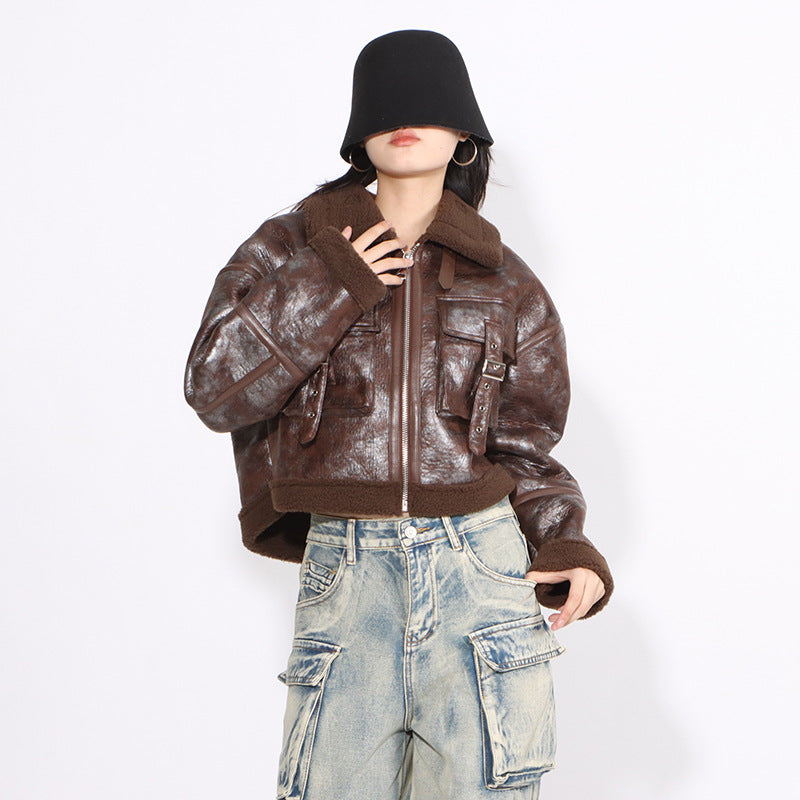 Autumn and winter fashion Chic fur pocket decoration Turndown Collar short jacket 9