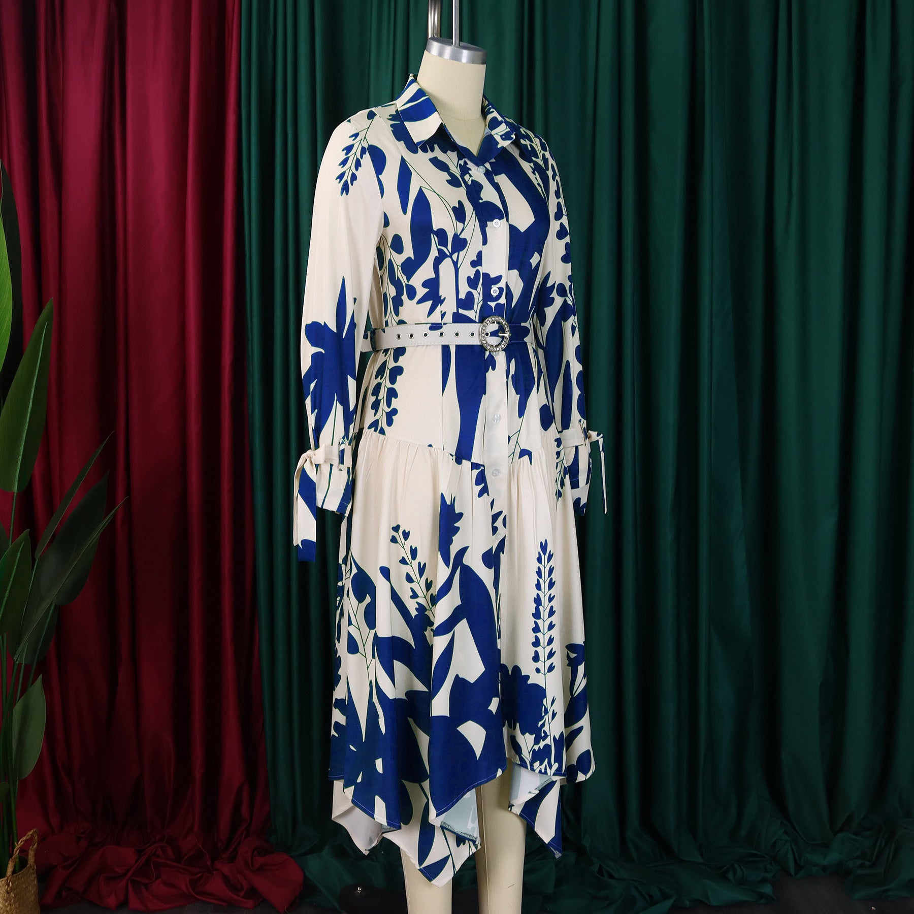 Women's Fashion Chic Print Turndown Collar Long Sleeve Belt Irregular Print Dress 15