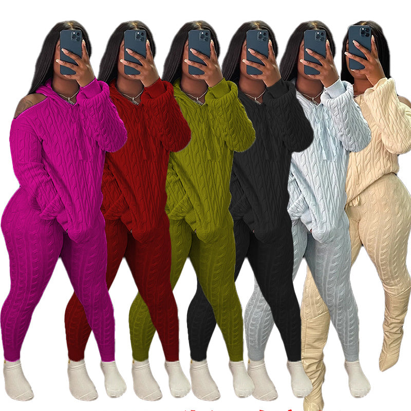 Women's Fashion Solid Color High Stretch Knitting Hooded Sweater Slim Long Pants Two Piece Set 9