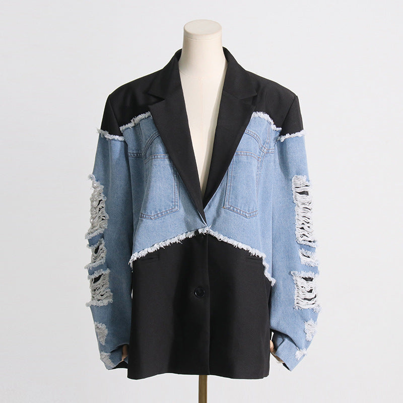 Women's Autumn Contrast Color Denim Patchwork Loose Jacket 9