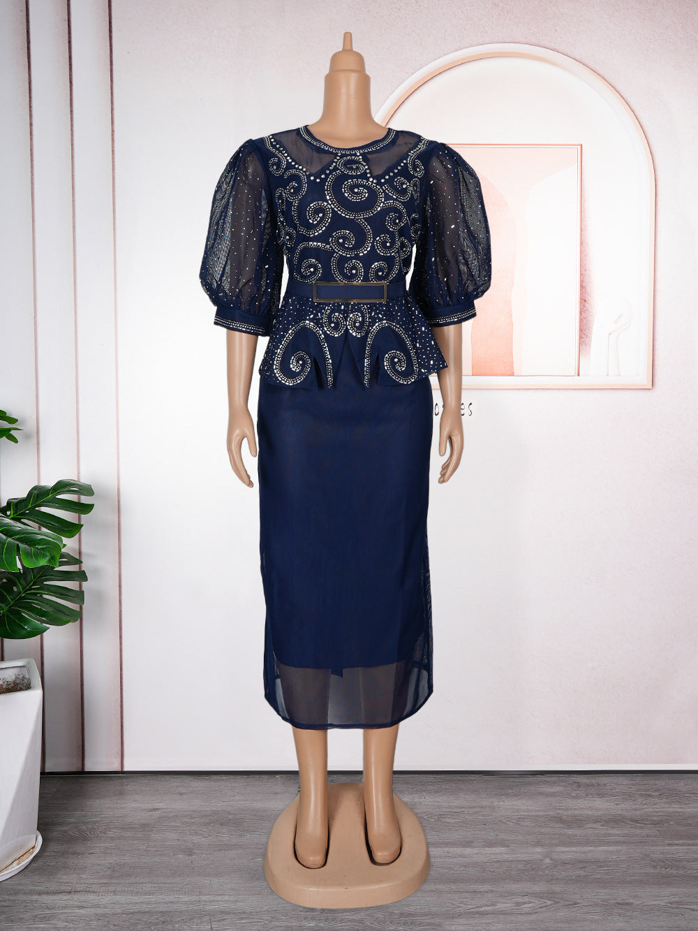 Plus Size African Women Beaded Puff Sleeve Bodycon Dress 11