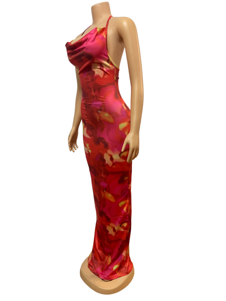 Women printed Halter Neck Lace-Up sexy backless bodycon dress 11