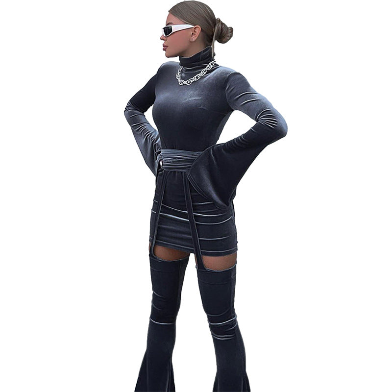 Autumn Women's Sexy Velvet Turtleneck Dress High Waist Straps Bell Bottom Pants Two Piece Set For Women 7