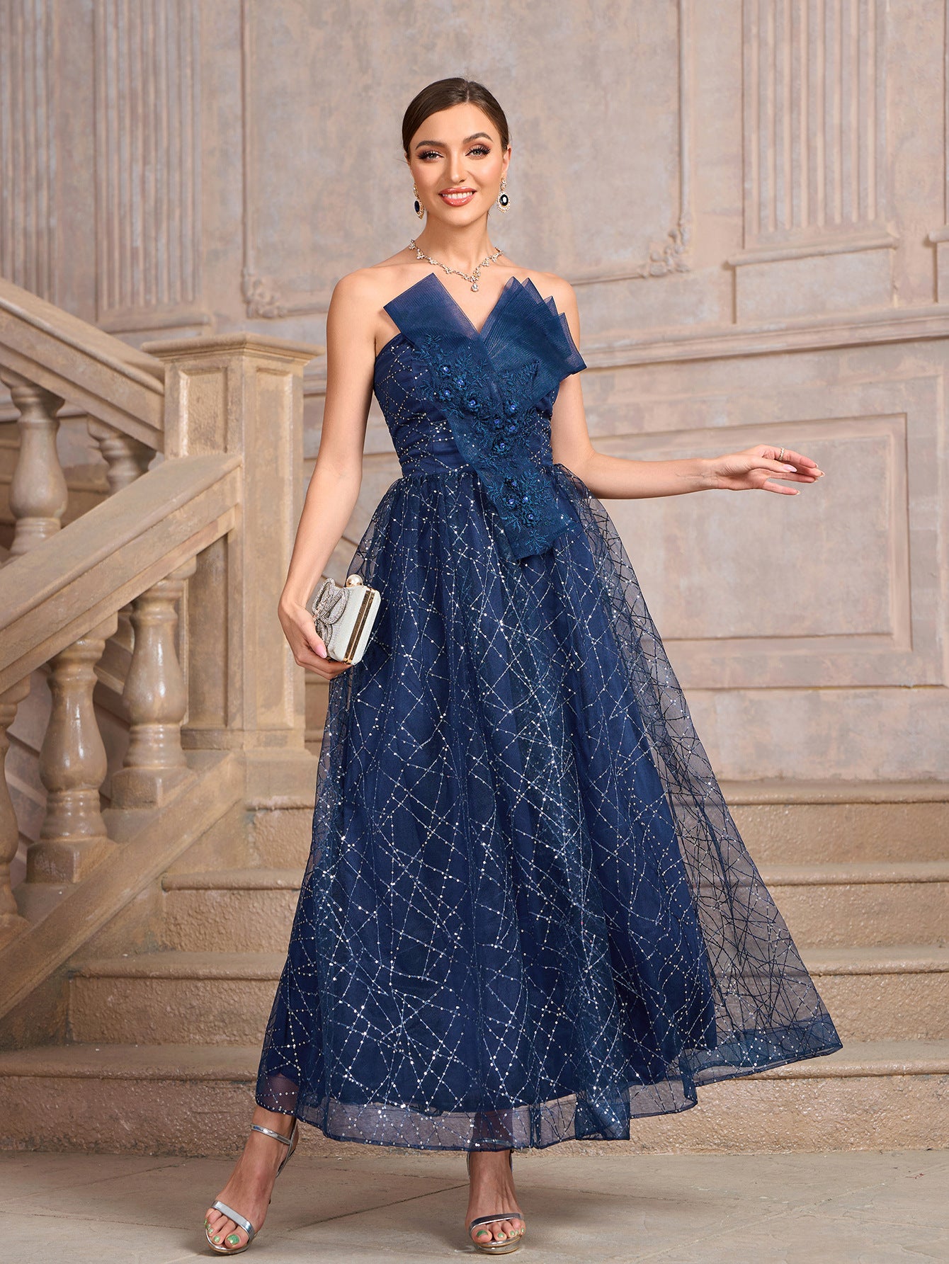 Blue Strapless Mesh Sequins Patchwork Ladies Evening Dress 3