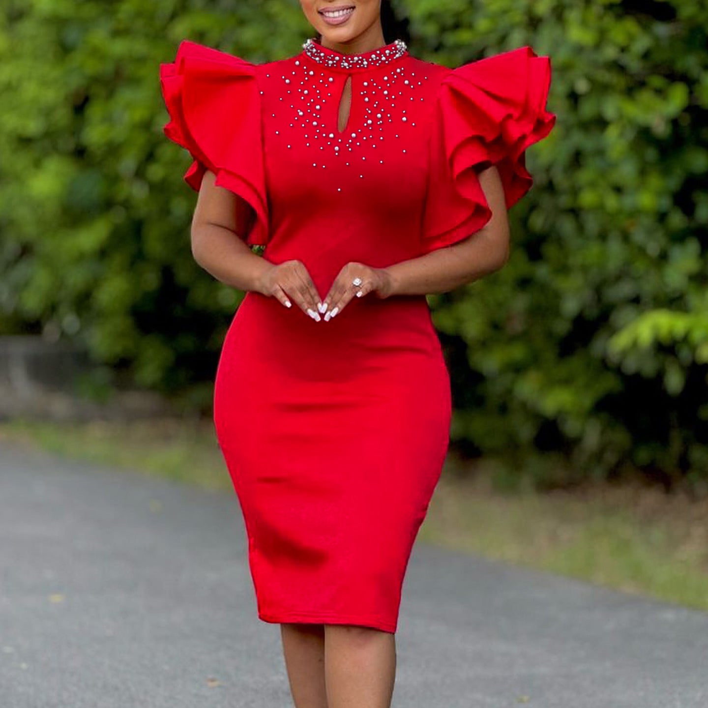 Women Sexy Ruffle Sleeve Beaded Party African Dress 3