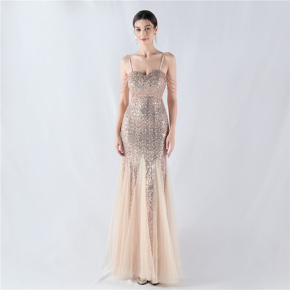 Strap Beading Mesh Sequin Evening Dress 8