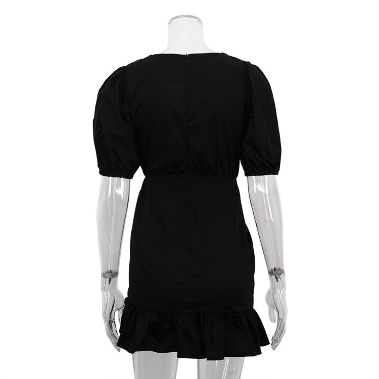 White Ruffled Women's Sexy V-Neck Puff Sleeve Drawstring High Waist Dress 12