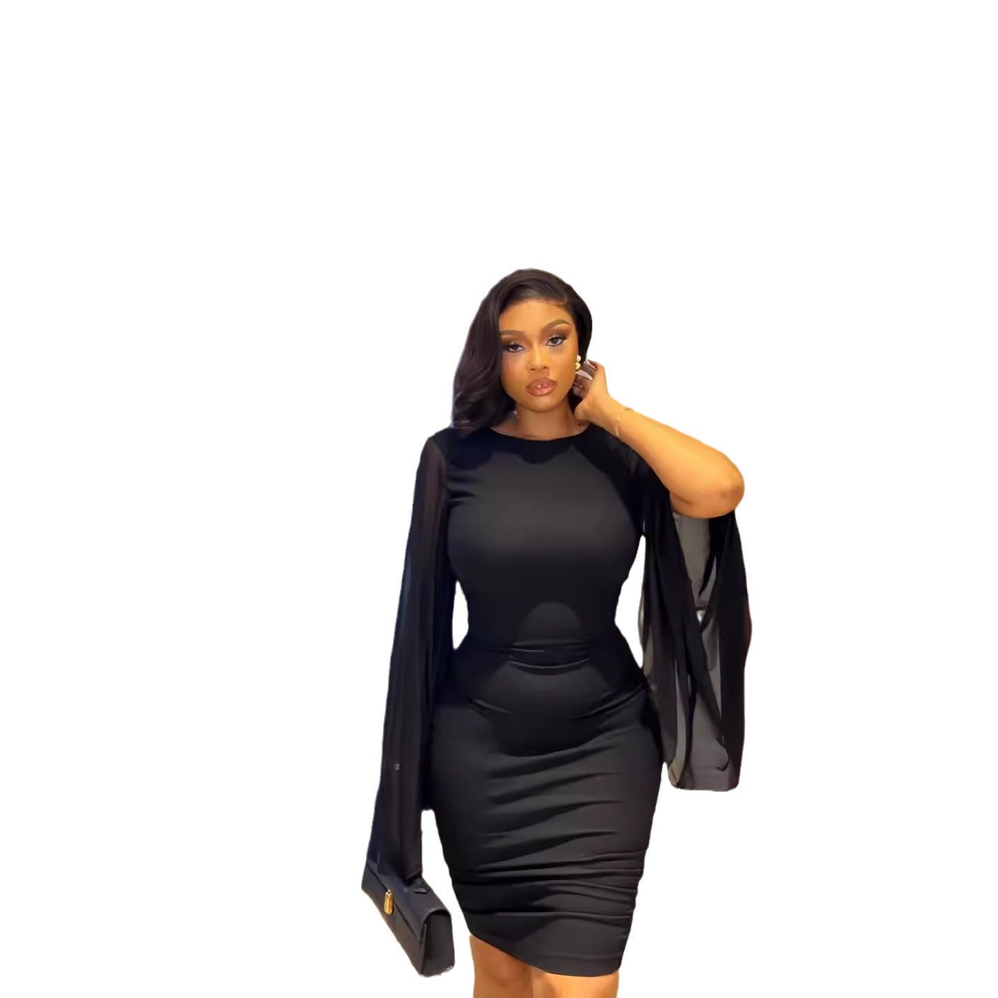 Women Fall Solid Round Neck Bell Bottom Sleeve Sexy Backless Bodycon Dress 6