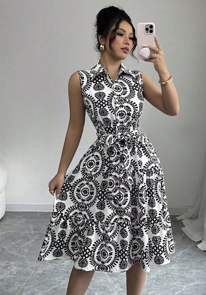 Women Lace-Up Print Sleeveless Dress