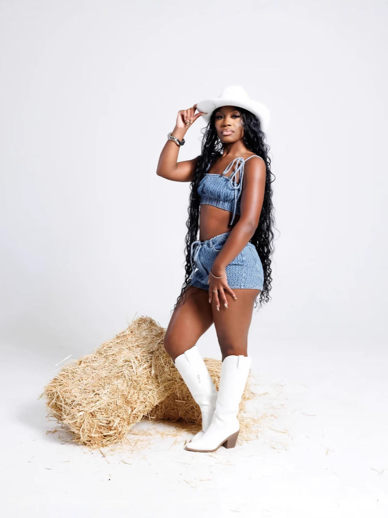 Women Sexy Stretchy Denim Strapless Casual Top and Shorts Two-piece Set