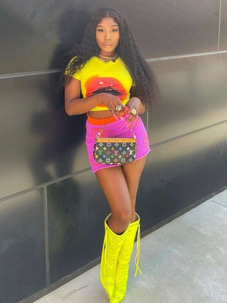 Summer Sexy Tight Fitting Modern Mouth Print Skirt Set 4