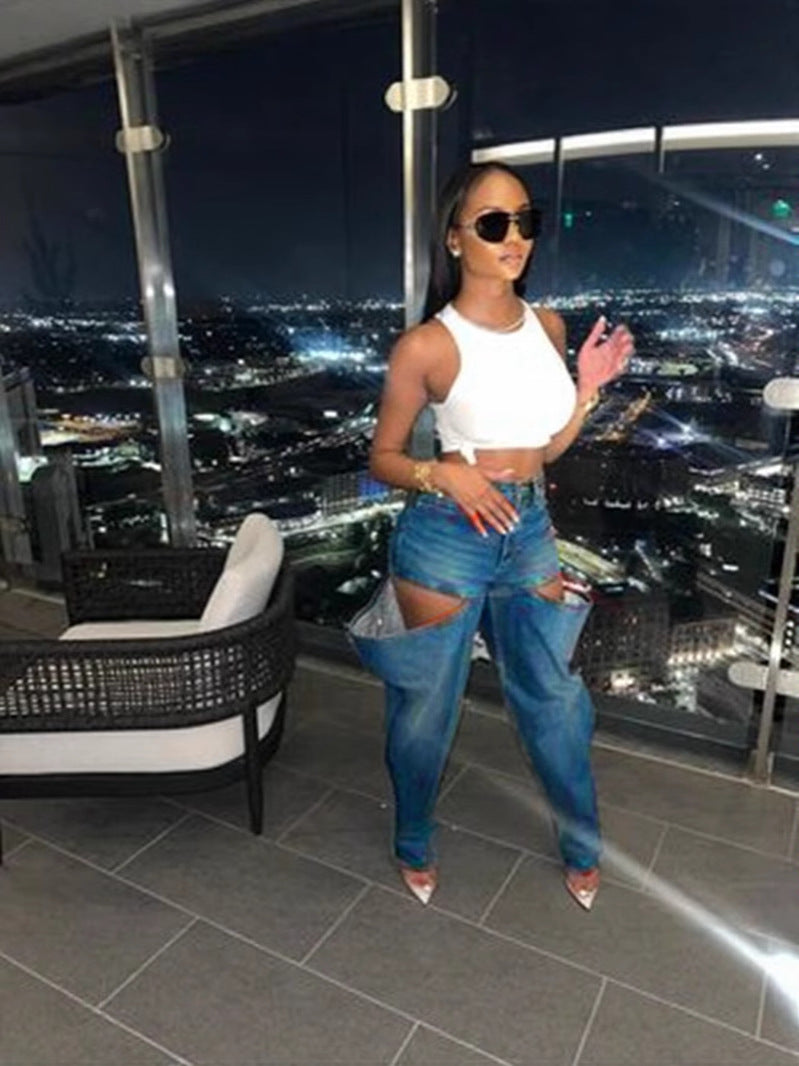 Women Symmetrical Ripped Washed Denim Pants 5