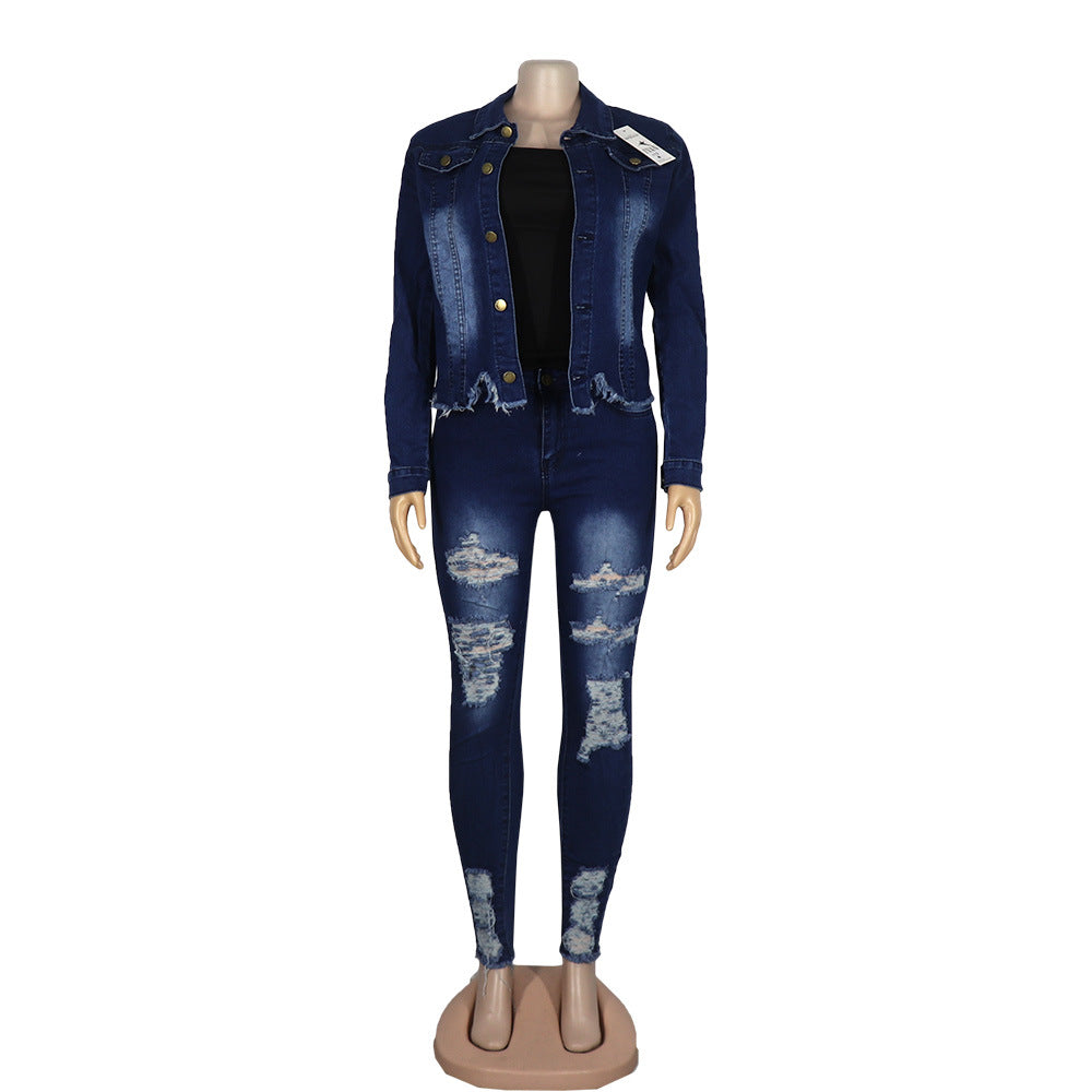 Women Stretchy Denim Pants Ripped Top and Pant Two-Piece Set 5