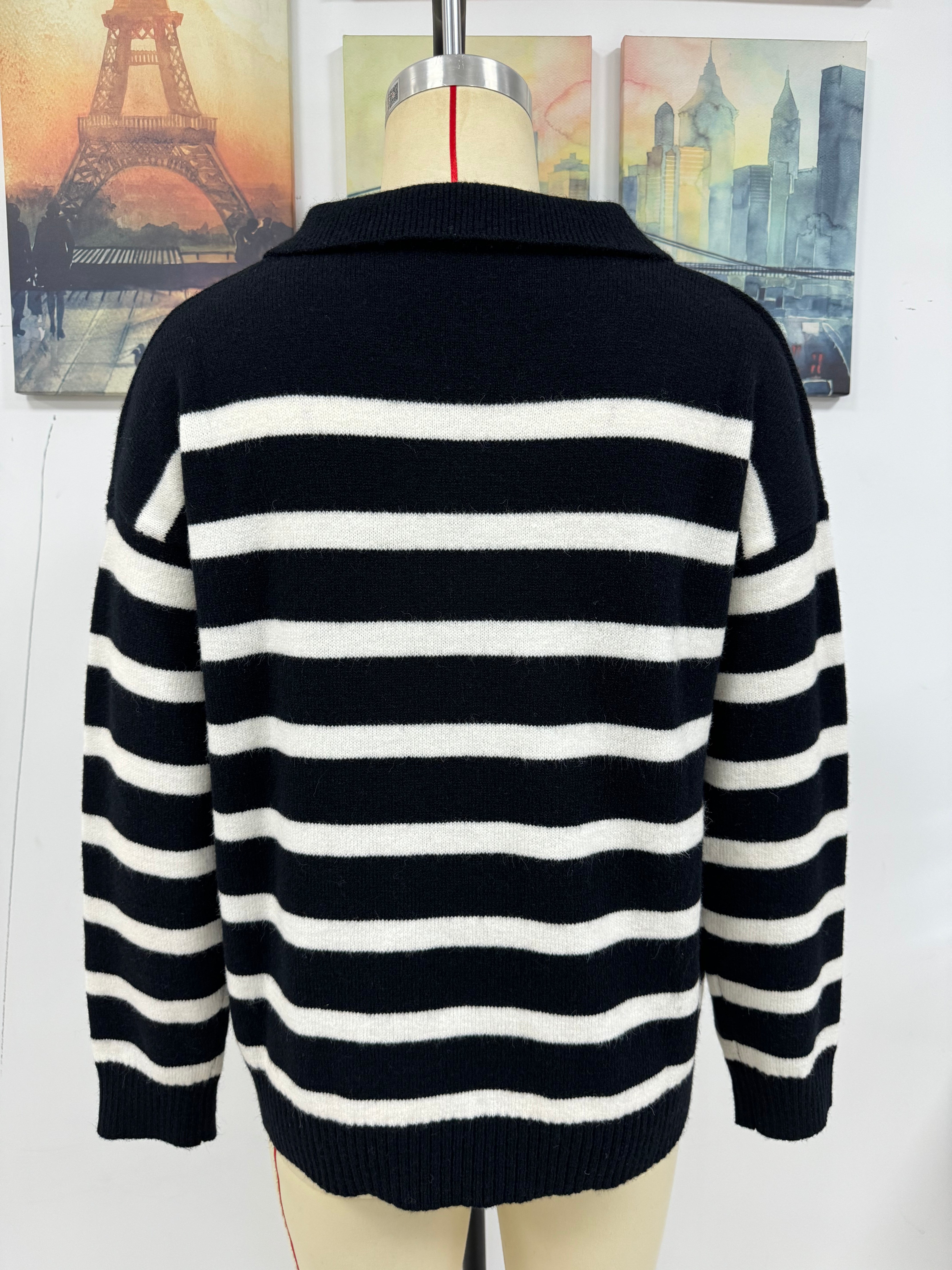 Autumn And Winter Women's Fashion Stripe Turndown Collar Loose Knitting Sweater 21