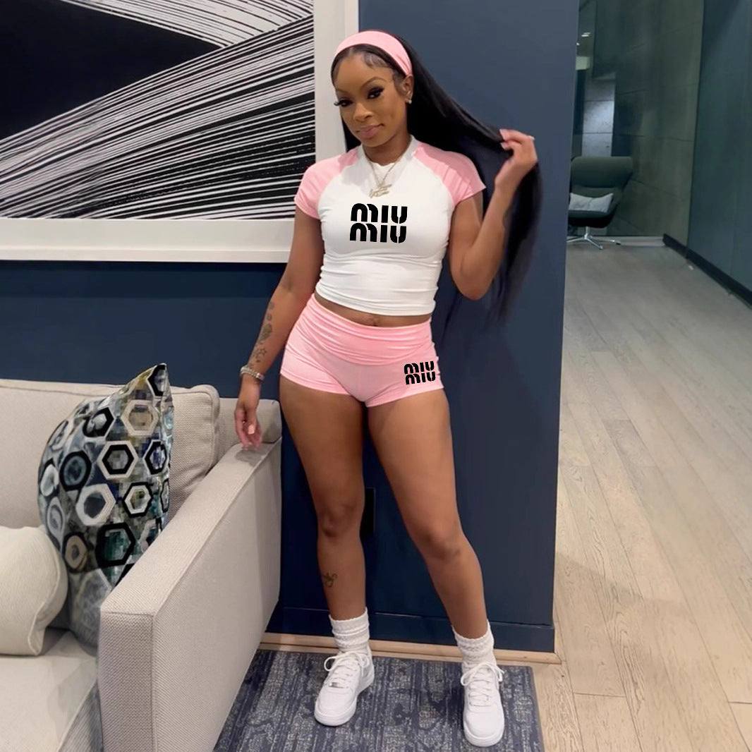 Women street raglan contrast short-sleeved top and shorts casual sports set 6