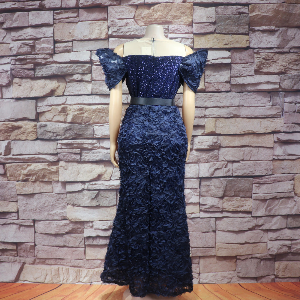 African Women's Dress Luxury Embroidery Off Shoulder Mesh Beaded Belted Evening Dress 16