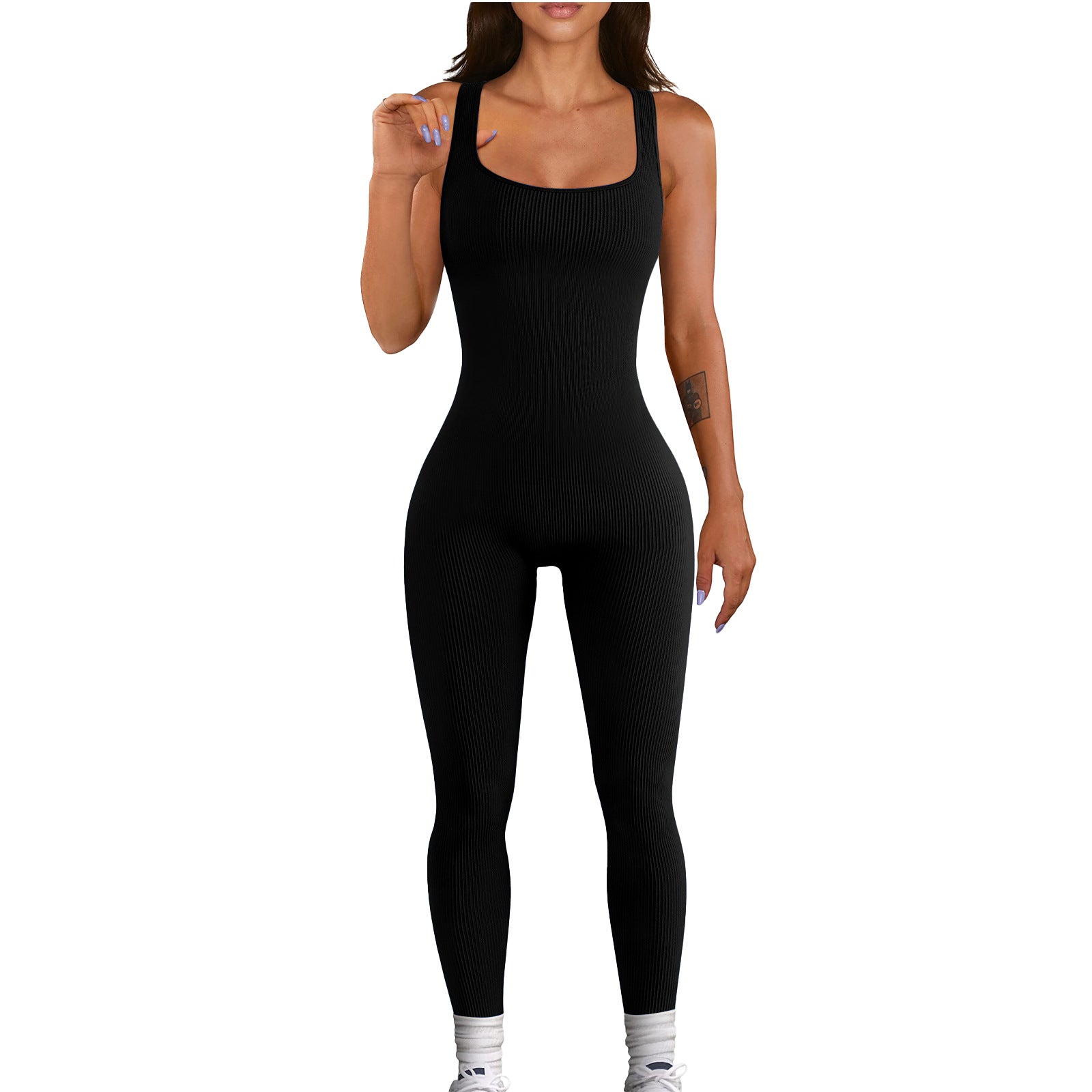 Women's Solid Color Sleeveless Straps Ribbed Square Neck Low Back Butt Lift Slim Sport Jumpsuit 8