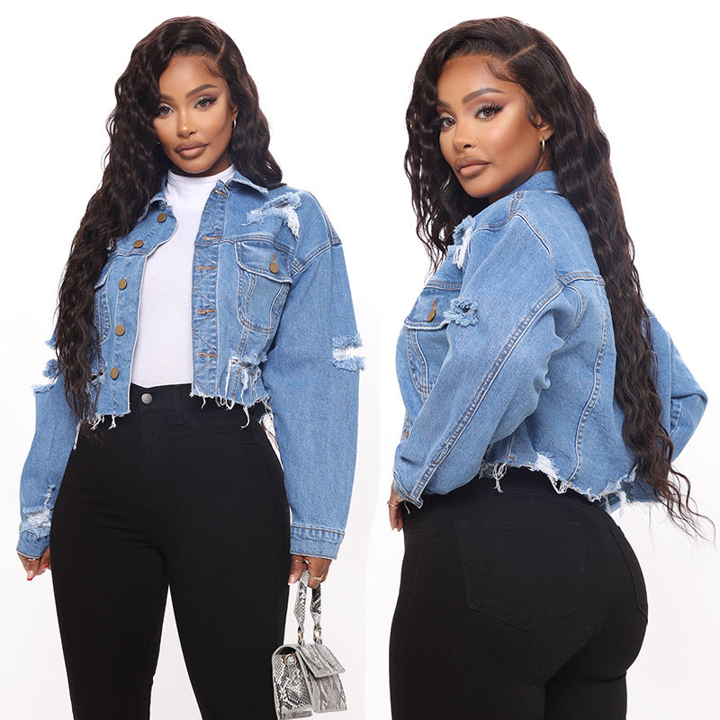 Women Ripped Denim Jacket