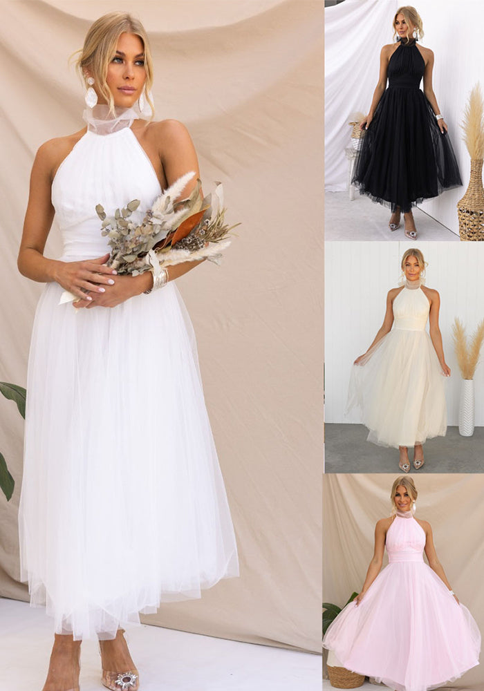 Spring Summer Halter Neck Mesh Turtleneck Casual Holidays Dress